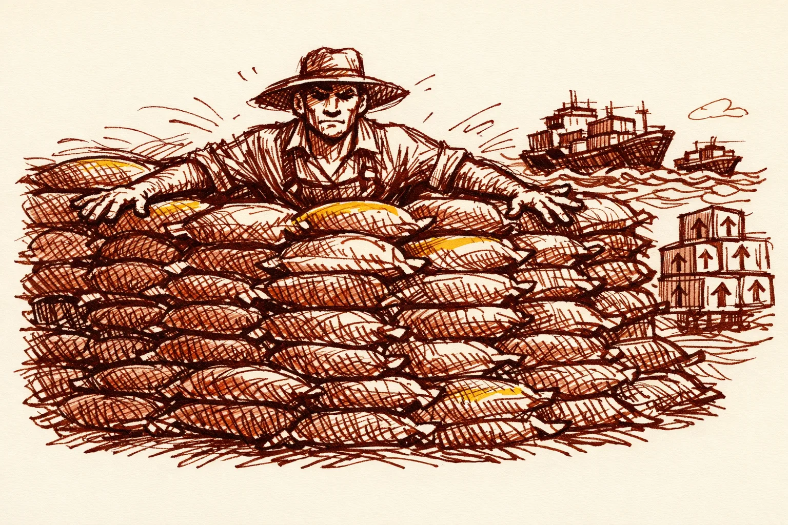 Editorial illustration of a farmer standing protectively behind a wall of stacked sacks while cargo ships move freely in the background, representing South Korea protecting rice with high tariffs while opening other trade under KORUS
