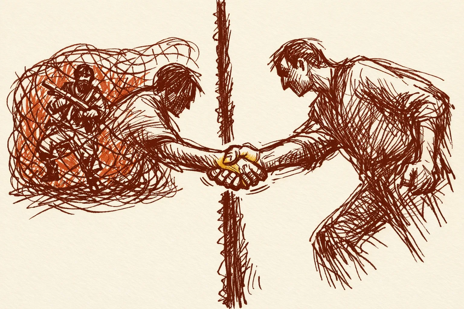Editorial illustration of two large figures shaking hands across a border line while a third figure is caught in a net in the background, representing bilateral cooperation to dismantle external separatist networks