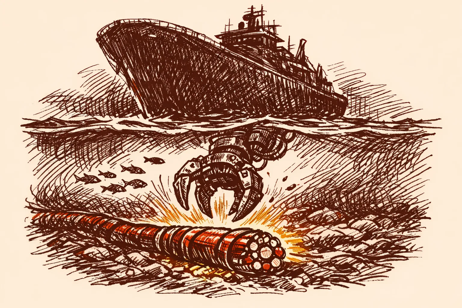 Editorial illustration showing a dark suspicious ship on the ocean surface with its tracking disabled while an underwater cutting device descends toward a thick armored undersea cable on the seabed