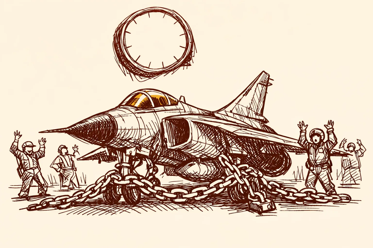 Editorial illustration of a finished fighter jet chained to the runway with an empty engine intake, surrounded by frustrated figures, representing the Tejas Mk1A delivery delays caused by engine supply problems