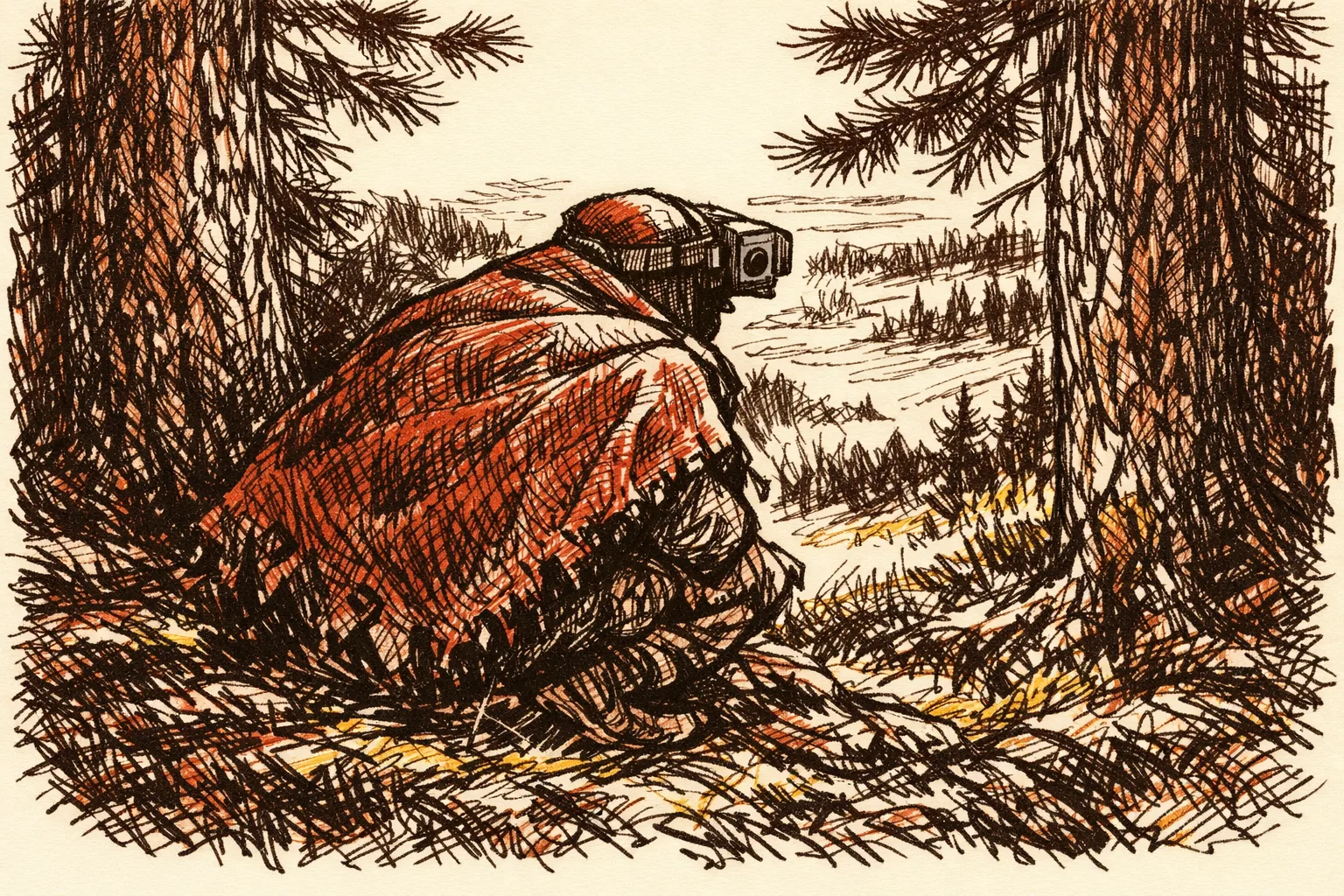 Editorial illustration of a camouflaged figure with a camera on their forehead crouching among pine trees overlooking a meadow, depicting the attackers moving into position before the Pahalgam attack