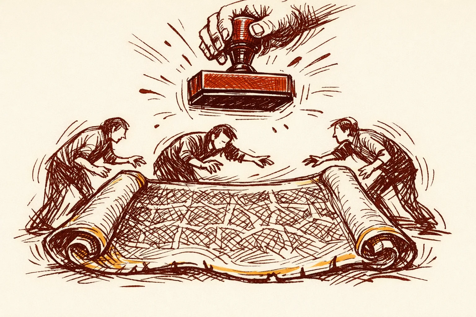 Editorial illustration of a large military plan scroll awaiting a decisive approval stamp held in suspension above it, with eager figures surrounding it, representing India's theatre command reform blueprint pending final authorisation