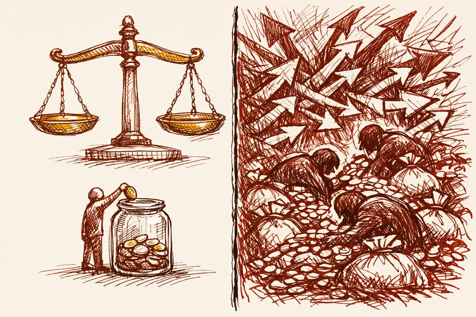 Editorial illustration contrasting a transparent orderly donation system against a chaotic unaccounted money flow, representing how Germany and Canada compare to India's election finance challenges