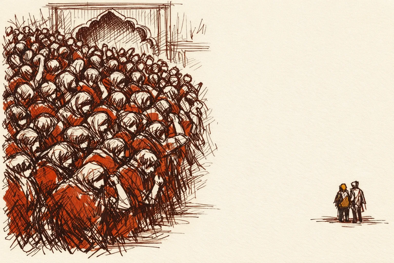 Editorial illustration showing a vast crowd of arrested figures contrasted with a tiny isolated group, representing the extreme disparity between UAPA arrests and convictions in India