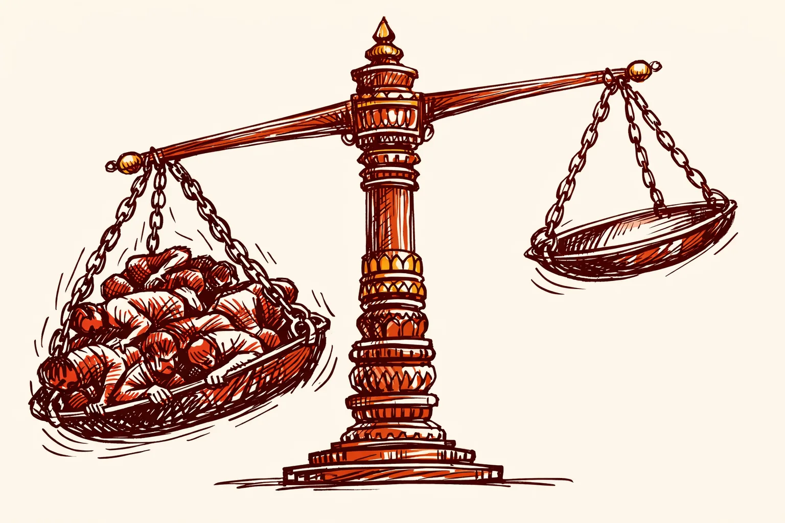 Editorial illustration of a dramatically unbalanced scale with one side crushed down under the weight of hunched figures while the other side sits empty, symbolising asymmetric political pressure