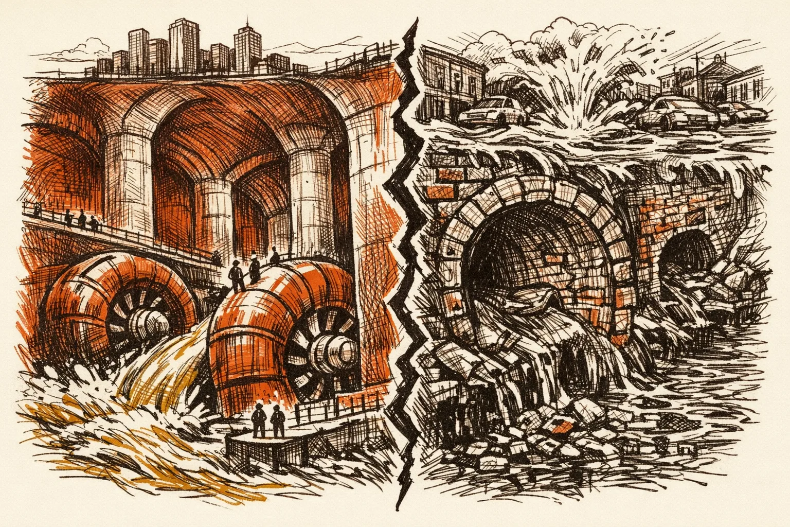 Editorial illustration cross-section comparing a massive modern underground flood discharge chamber with giant turbines on the left versus a crumbling narrow colonial-era open drain overflowing on the right