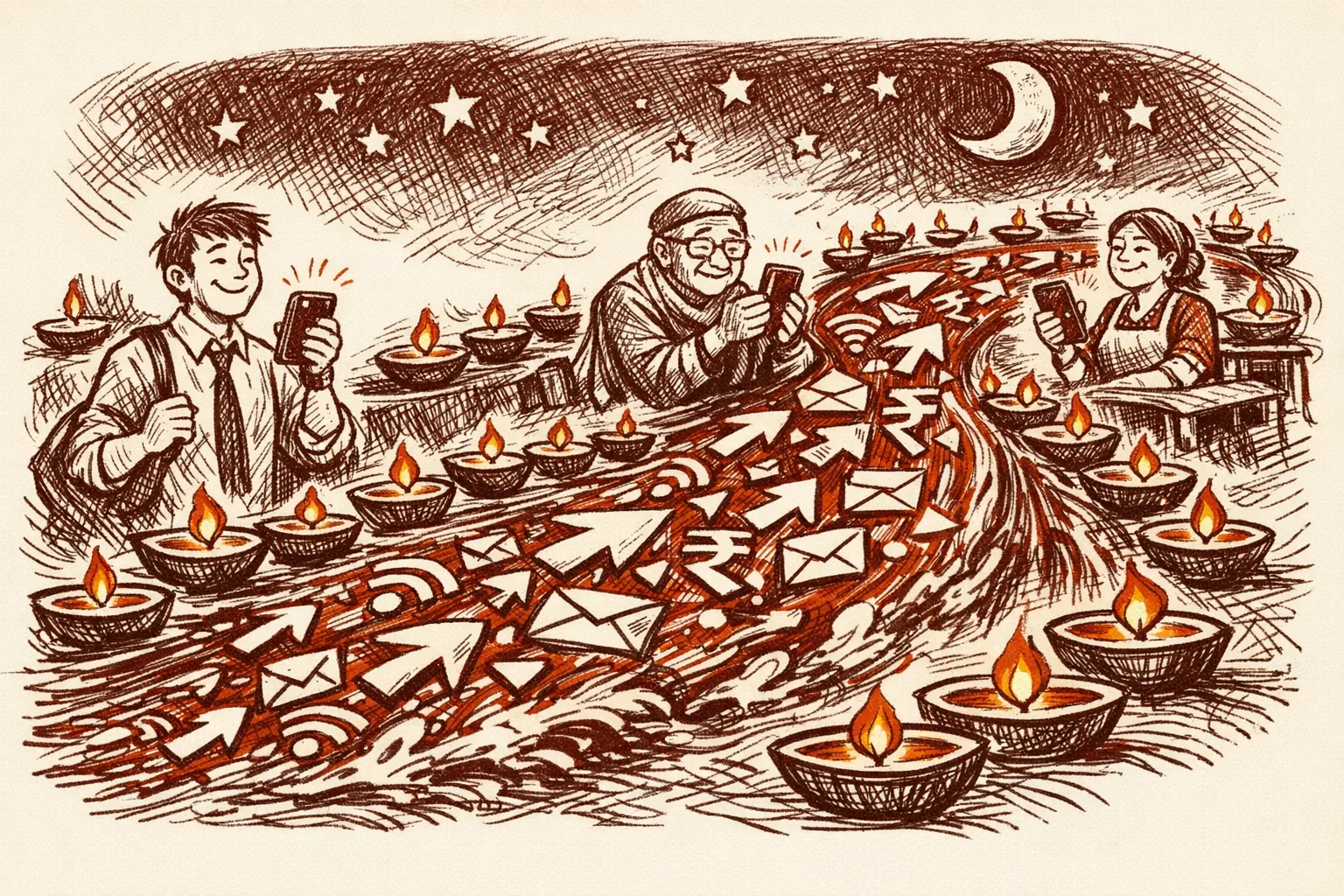 Editorial illustration of a continuous river of digital payments flowing past festival lamps at night, with people holding mobile phones in relief, representing India's 24x7 payment systems running through holidays without interruption.