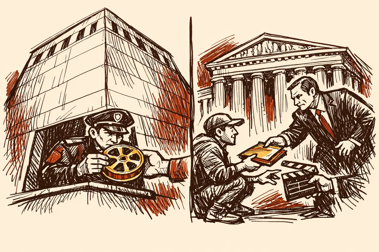 Editorial illustration showing US and UK government buildings with officials reviewing film content through formal liaison checkpoints, representing how those countries manage military secrets in entertainment.