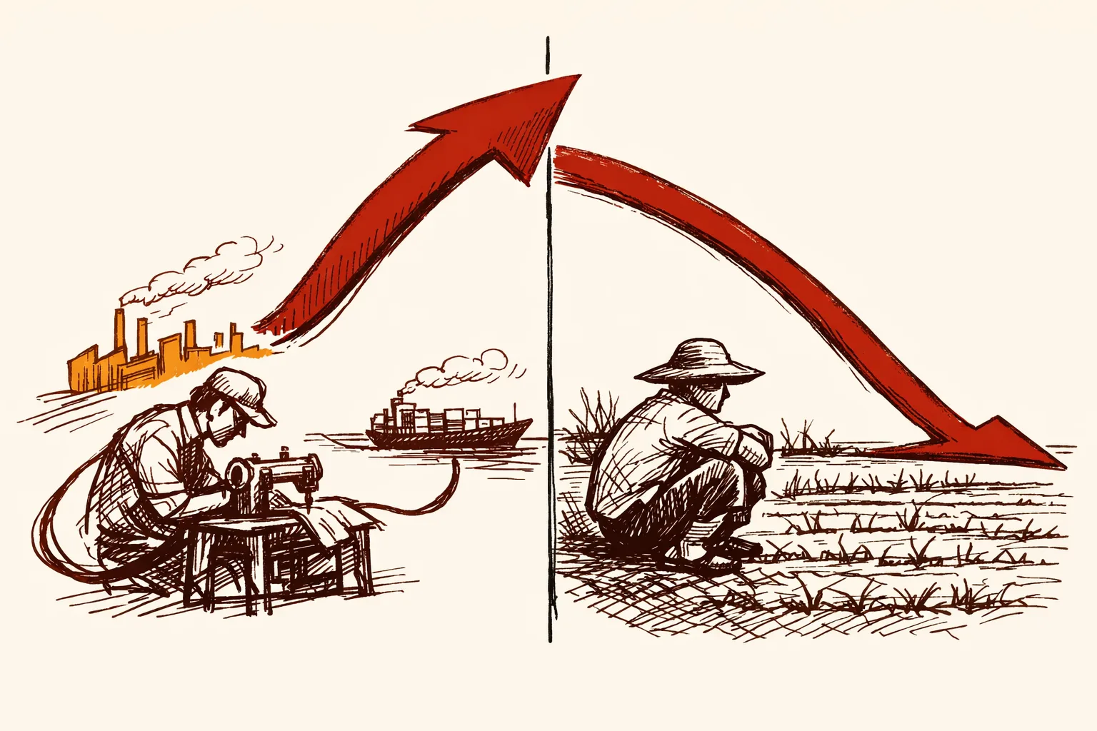 Editorial illustration contrasting a worker connected to manufacturing and export trade on one side versus an idle rural worker on the other, representing Vietnam and India's different paths out of poverty